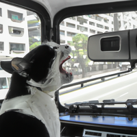 gato blanco y negro conduciendo una micro