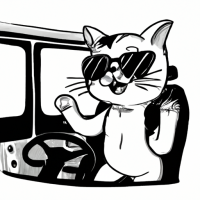 gato blanco y negro conduciendo una micro